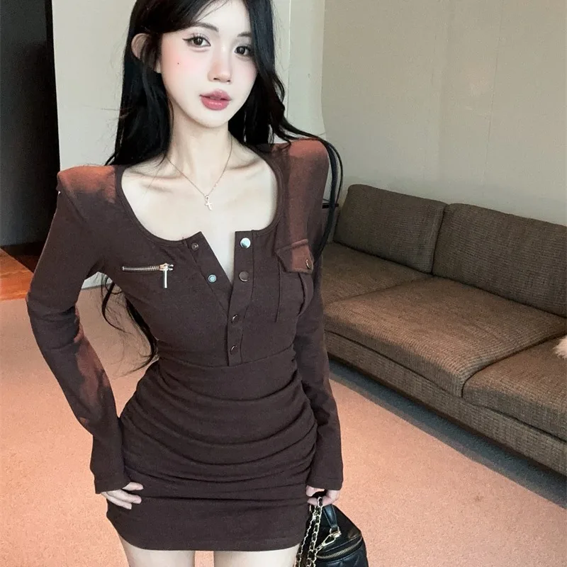 

Fall Winter New Sle Slim Fit Metal Bule Design Sensual High Waist ort Dr Women's Faion Inner Wear Bodycon Dr