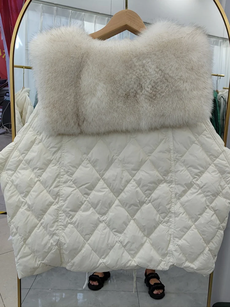 

Fox 2023 Winter Fur Women Large Real Collar 90% White Duck Down Jacket Female Loose Style Puffer Coat Warm Snow Parkas