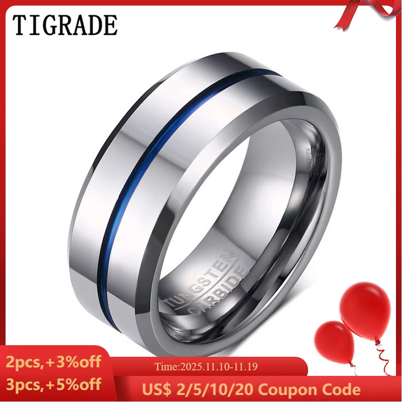 

Tigrade Men Rings 8mm Tungsten Wedding Band Silver Color with Blue/Gray Line Stylish Male anillos hombre Anniversary Ring