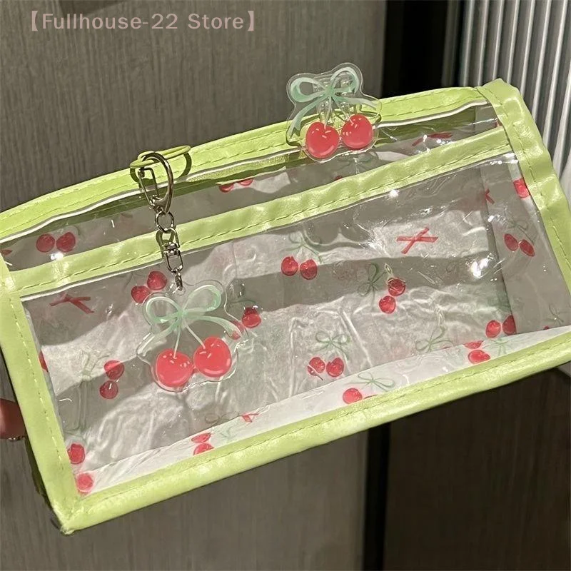 【MAX-22】Sweet Cherry Transparent Pencil Case Large Capacity Student Stationery Zipper Pen Bag School Supplies Makeup Storage Bag