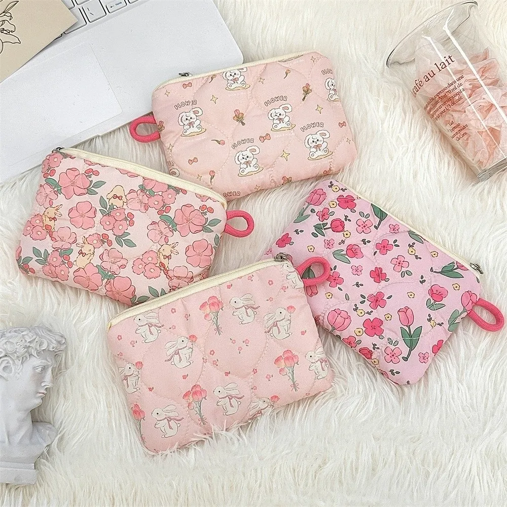 New Polyester Mini Makeup Bag Cartoon Flowers Rabbit Card Storage Earphone Storage Bag Small Travel Bag for Lipstick