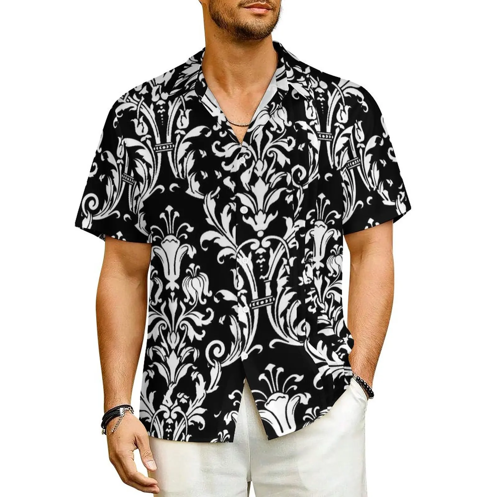 

Damask Print Summer Shirt For Men Beach Floral Swirls Casual Shirts Short Sleeve Harajuku Pattern Cool Oversized Blouses