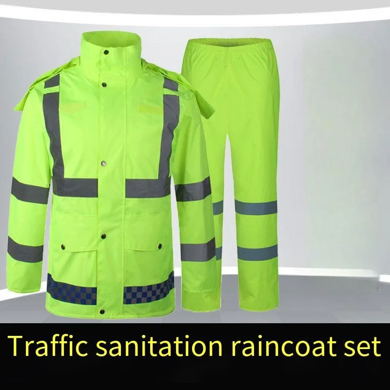 Reflective Raincoat Rain Pants Suit Men\'s Split Thickened Full-body Storm-proof Traffic Duty Sanitation Workers Rain Clothing