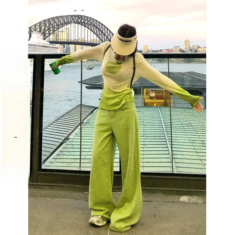 

Женские джинсы Li Wan Jun с высокой талией, широкими штанинами, 3D-дизайном, украшенные стразами, прямого кроя, для повседневной носки, длинные брюки