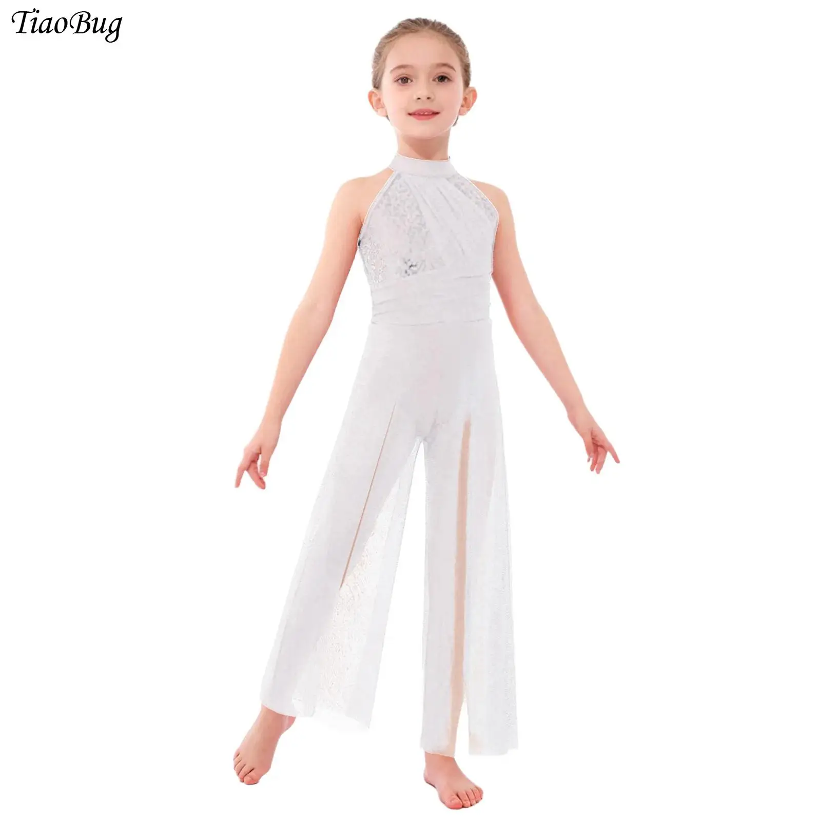 

Kids Girls Lyrical Dance Performance Costume Gymnastics Skating Jumpsuit Sequins Bodice Shimmery Mesh Split Wide-Leg Bodysuit