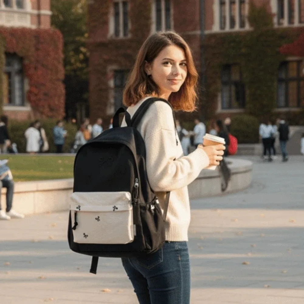 

Daypack Canvas Bow Backpack Casual Embroidered Students School Bag Scratch Prevention Polyester Large Capacity Backpack for Gift
