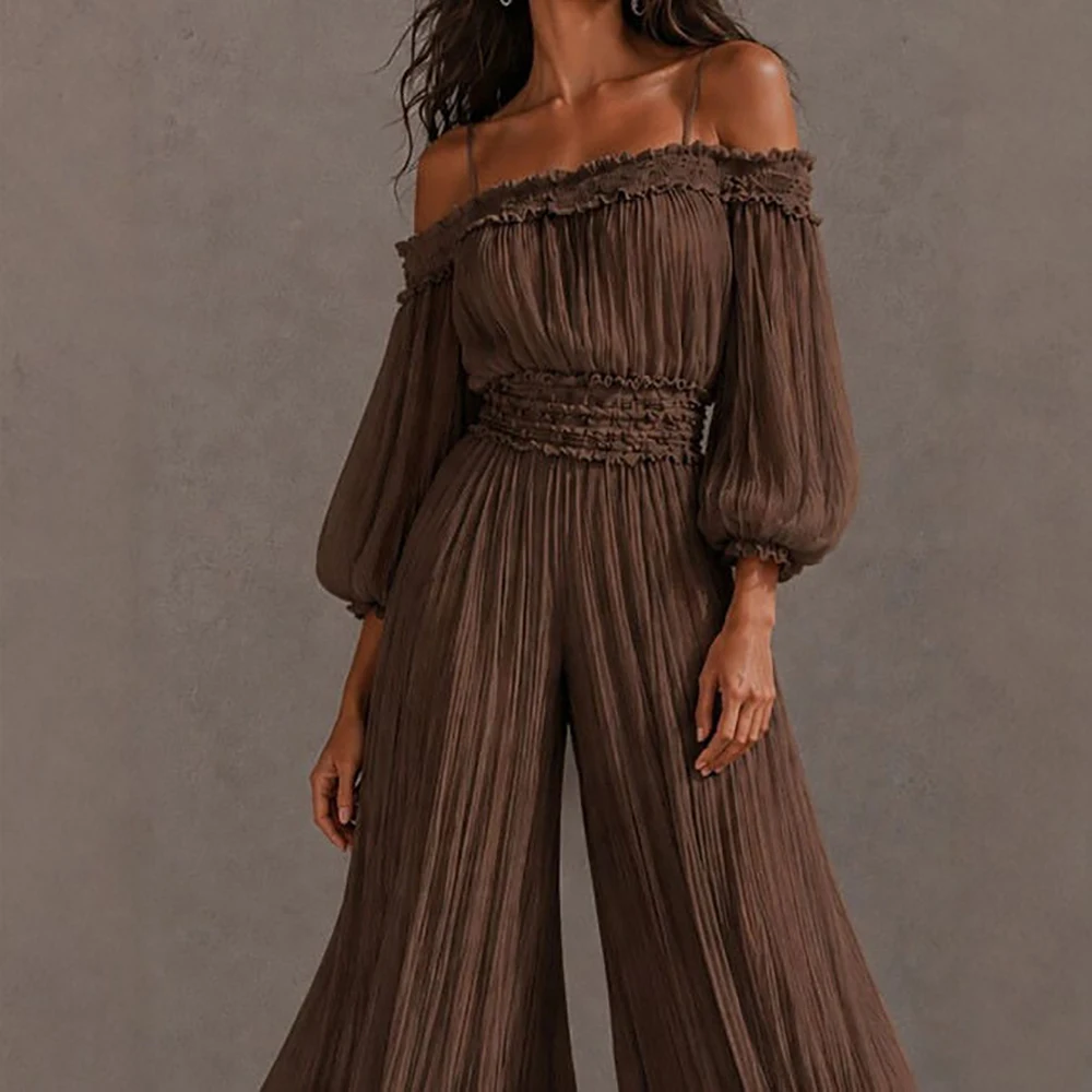 Women's Pleated Off Shoulder Jumpsuit Ruffle Trim Lantern Puff Long Sleeve Smocked Waist Wide Leg Palazzo Jumpsuit Party Romper