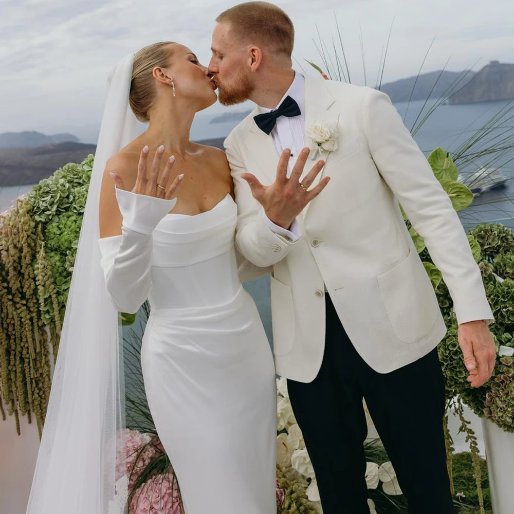 Sheath Removable Long Sleeves Off Shoulder Ivory Satin Bridal Gown Customized Fitted Boned Bodice Elegant Ceremony Wedding Dress