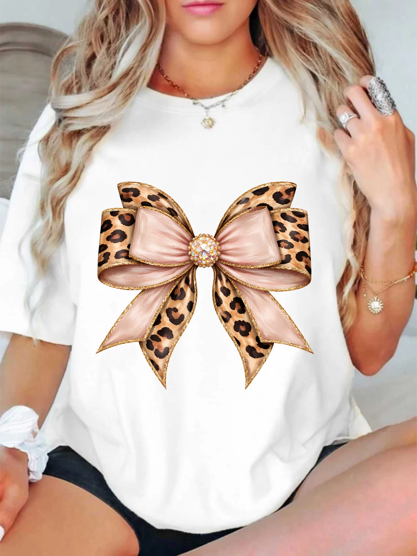

【ZXH11445】Leopard print bow print plus size women's round neck summer casual short sleeved street fashion versatile T-shirt