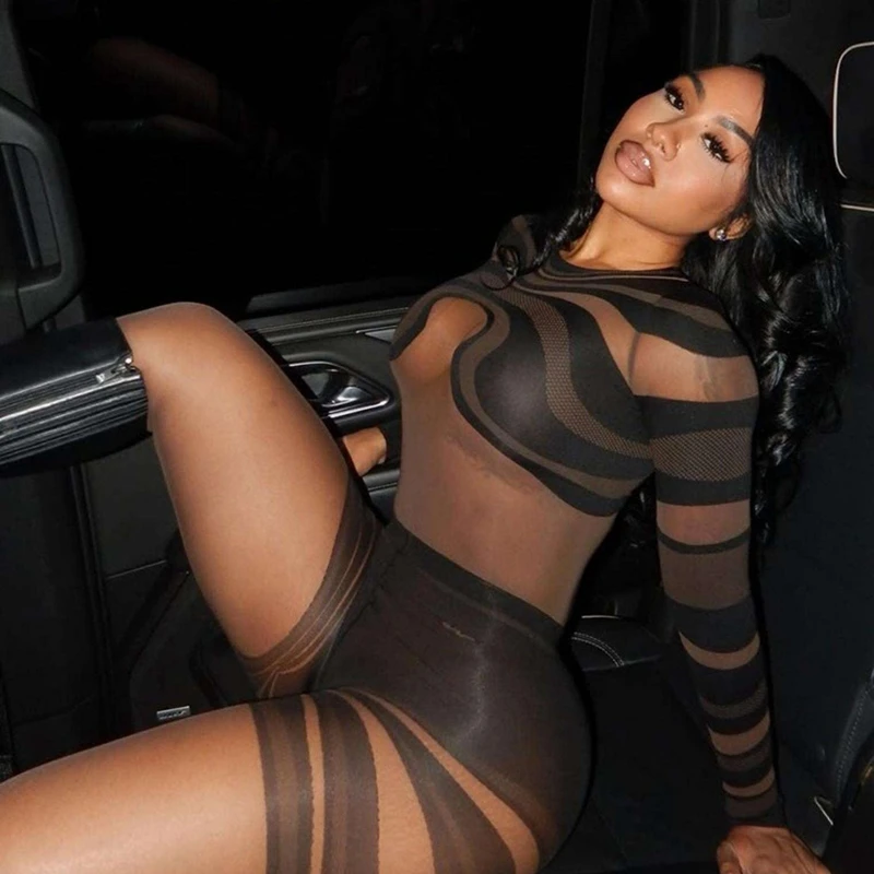 أنيق سيدة شبكة سوداء مخطط مطبوعة حللا 2025 الخريف المرأة طويلة الأكمام س الرقبة انظر من خلال مثير نادي وزرة الحفلات