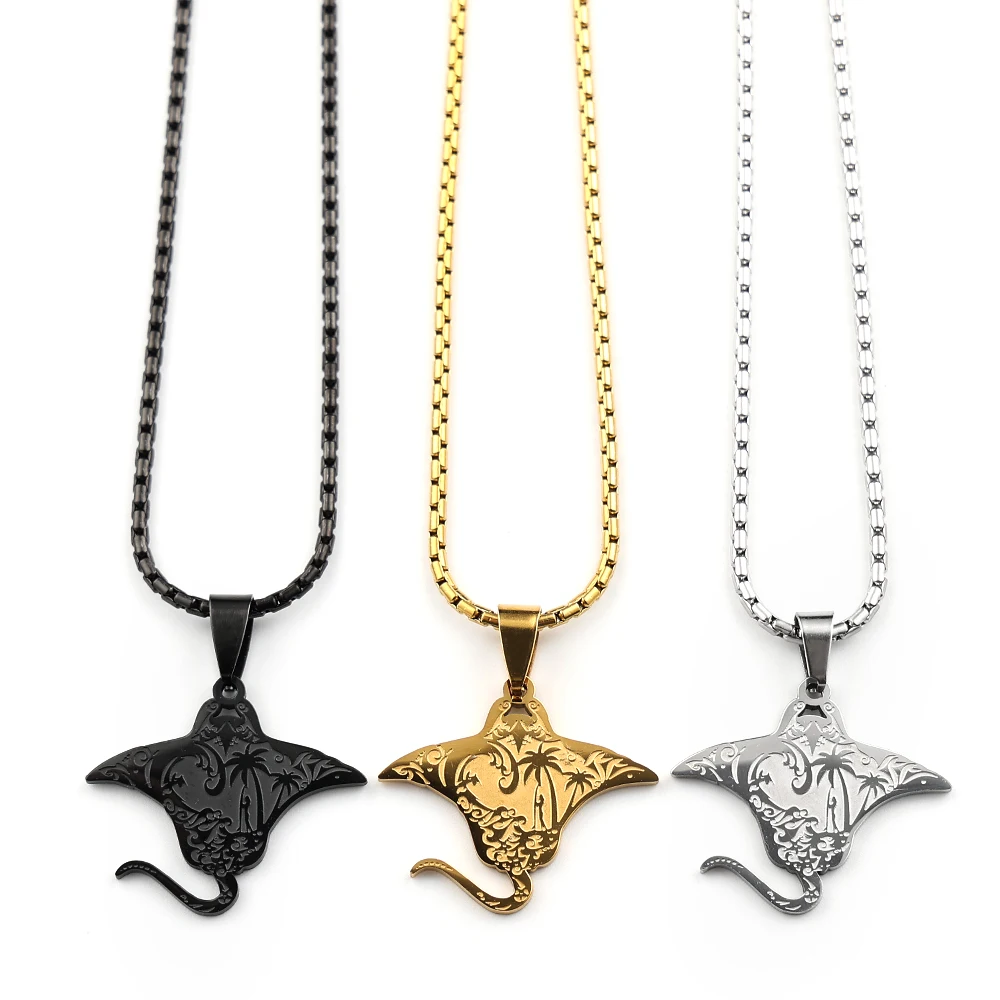 Boho Manta Ray Sea Devil Fish Pendant Necklace For Women Men Stainless Steel Gold Plated Coconut Palm Tree Ocean Chain Jewelry