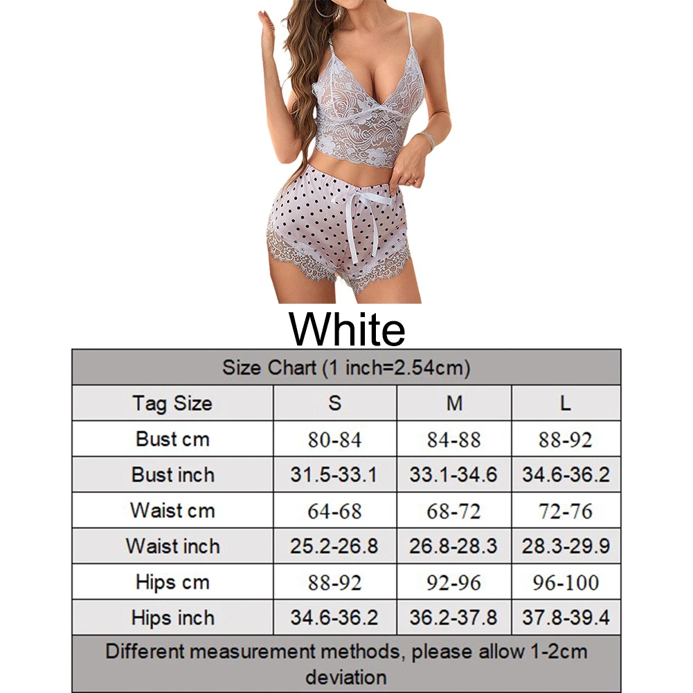 Womens Sexy Lingerie Suspenders Lace See-through Pajamas Polka Dots Shorts Suits