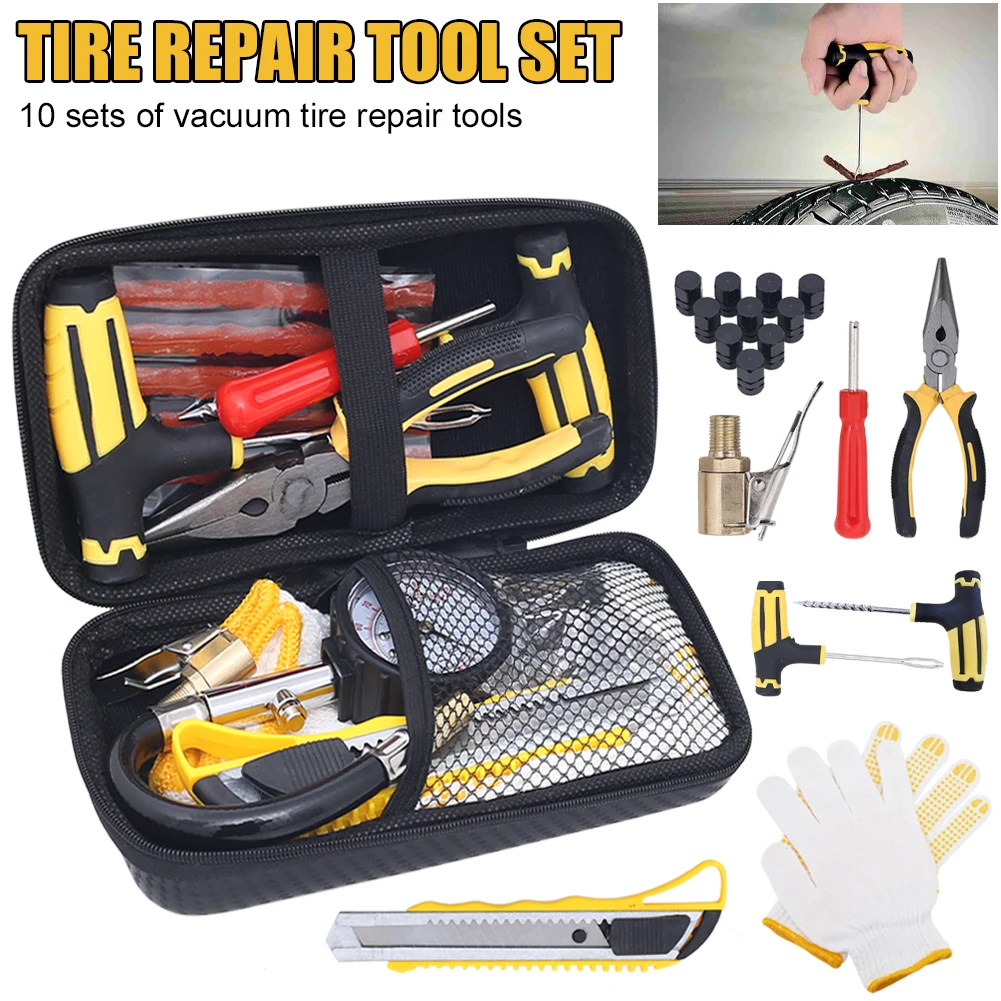 Car Tire Repair Tool Kit Studding Set Auto Bike Puncture Plug Garage Needle Nose Pliers Vacuum Film Nail Screws W/ Storage Case