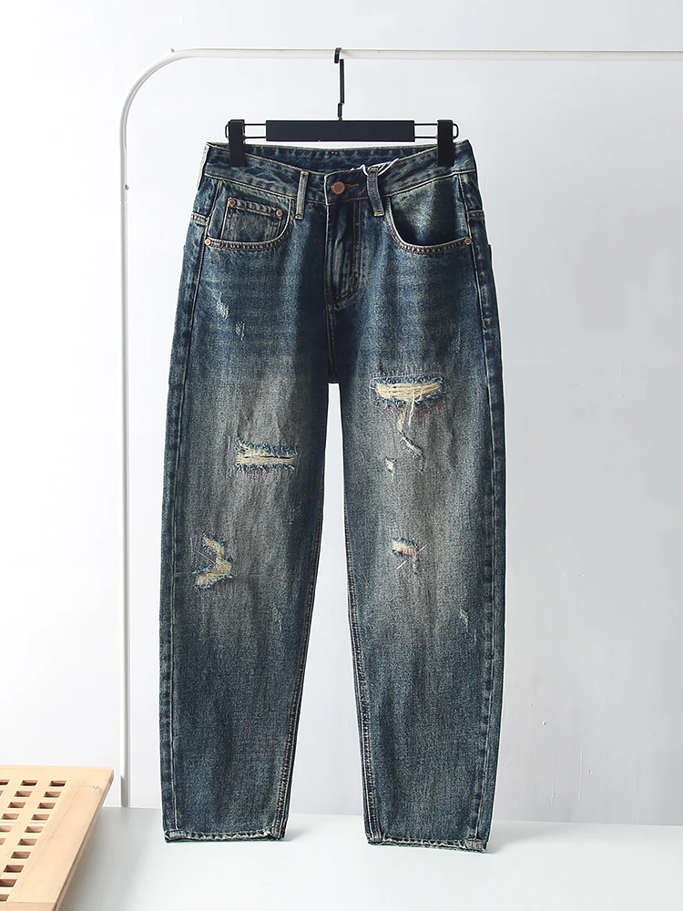 Retro American Washed Men's Casual Straight Leg Jeans Spring Autumn Trendy Hole Design Loose Fit mid Waist Jeans