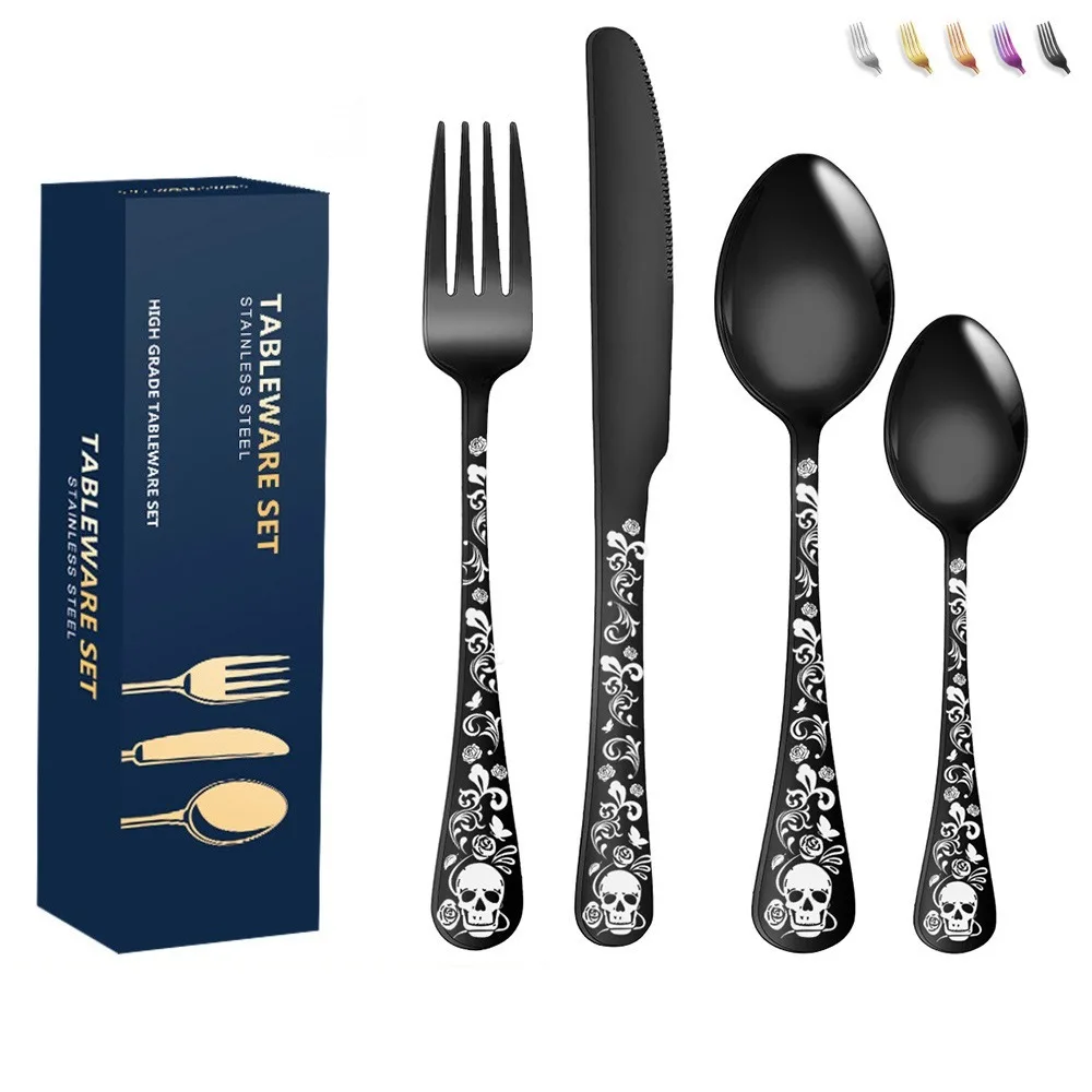 Skull stainless steel tableware set laser pattern Western restaurant hotel thickened knife,fork and spoon 16/24 sets