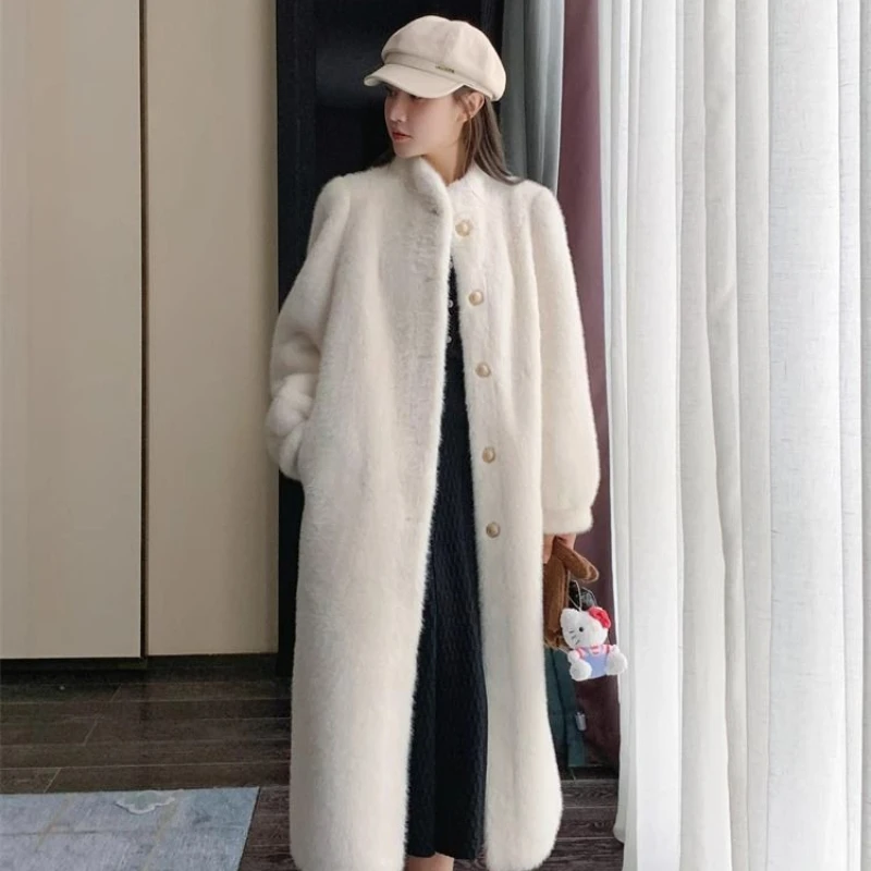 New Mink Fur Thickened Stand Up Collar Fur Coat Loose Lamb Fur Medium Long Imitation Fur Coat for Women