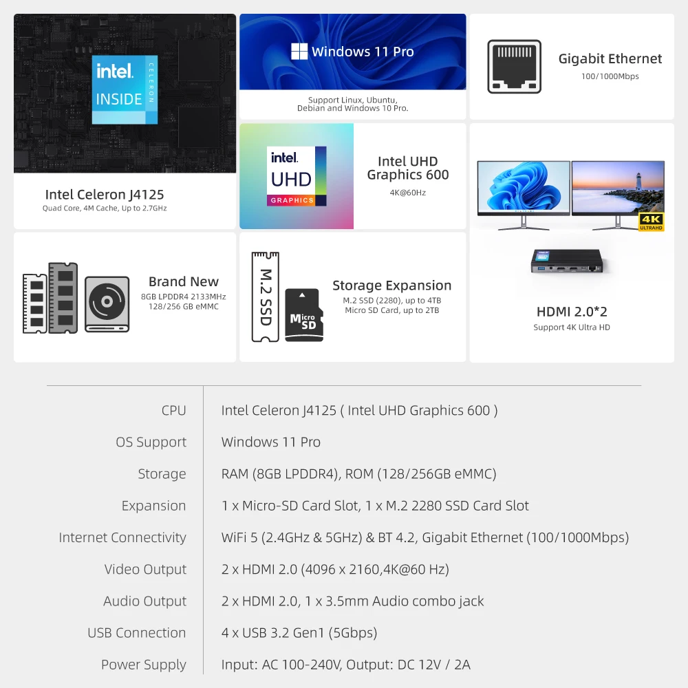 Mele Fanless Dunne Mini Pc N100 N4000 J4125 Windows 11 Pro Intel 16Gb 512Gb Desktop Computer Wifi Bt Gaming Computer Mini Pc Werk