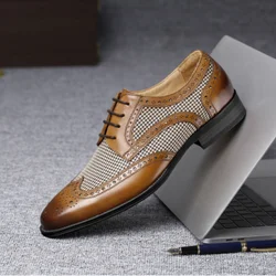 Retro Stitching Men's Leather Shoes  New Denim Fashion Brooch Men's Shoes Business Casual Leather Men Sneakers Luxury Brand