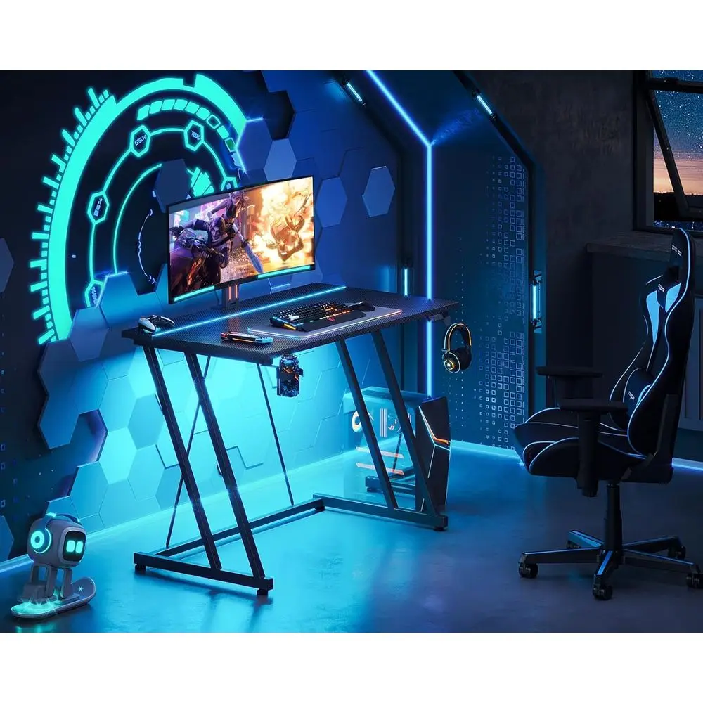 مكتب ألعاب مدمج بإضاءة LED، مكتب كمبيوتر مكون من 32 ملمس كربوني للأطفال والكبار، مكتب أسود موفر للمساحة #2