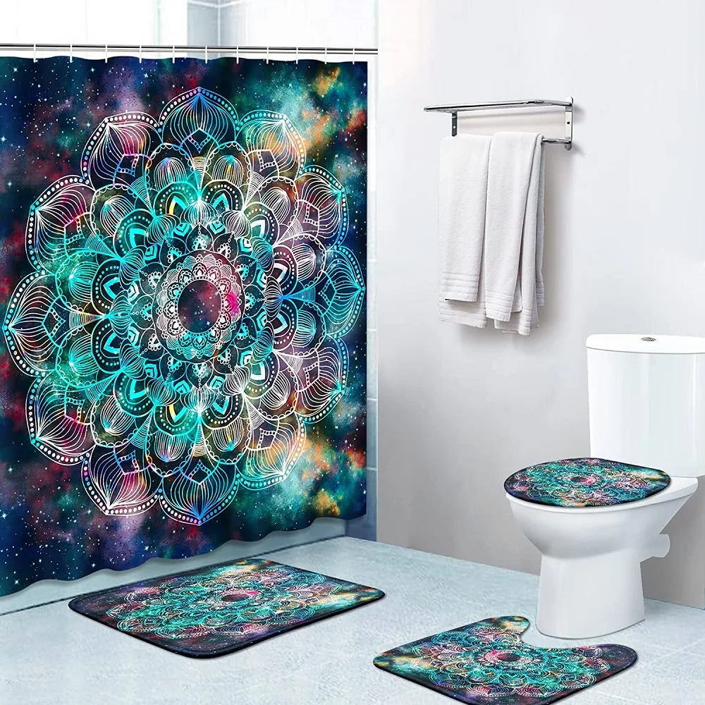 

Retro Mandala Shower Curtain Set with Non-Slip Rugs Toilet Lid Cover Bath Mat Star Flower Galaxy Geometri Bathroom Bath Curtains