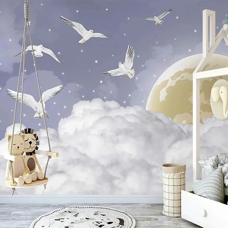 Customized Wallpaper Mural 3D Hand Painted Fantasy Purple Starry Sky Bird Children Living room sofa TV background wall bedroom