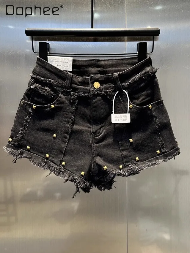 

Fashion Rivet Rough Edge Splicing High Waist Black Denim Shorts Summer 2025 New Sexy Spice Girl A-line Wide Leg Pants Women