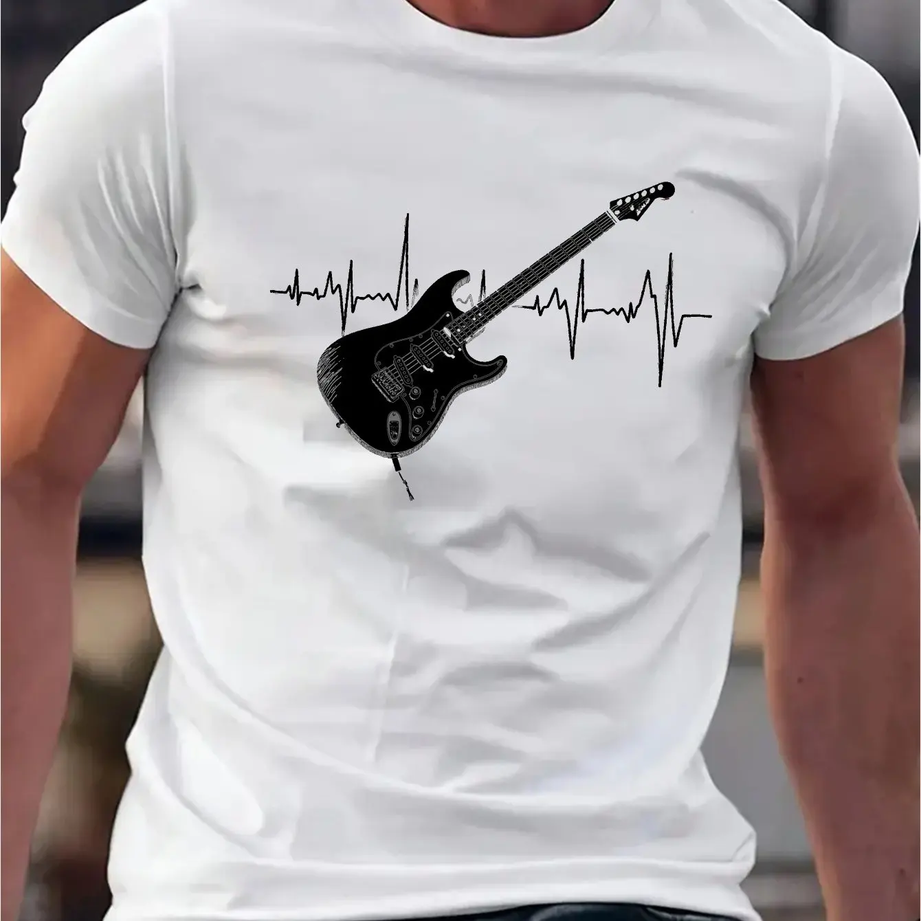 Men's Cotton Music Heartbeat Graphic T-Shirt Breathable Micro-Stretch Rock Band Design with Guitar Sound Waves Men Clothing