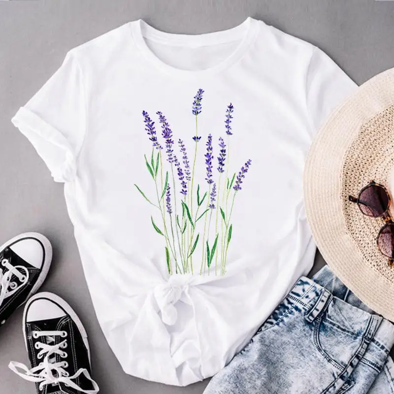 T-shirt manches courtes femme, estival et régulier, à la mode, avec image de fleurs imprimées des années 90