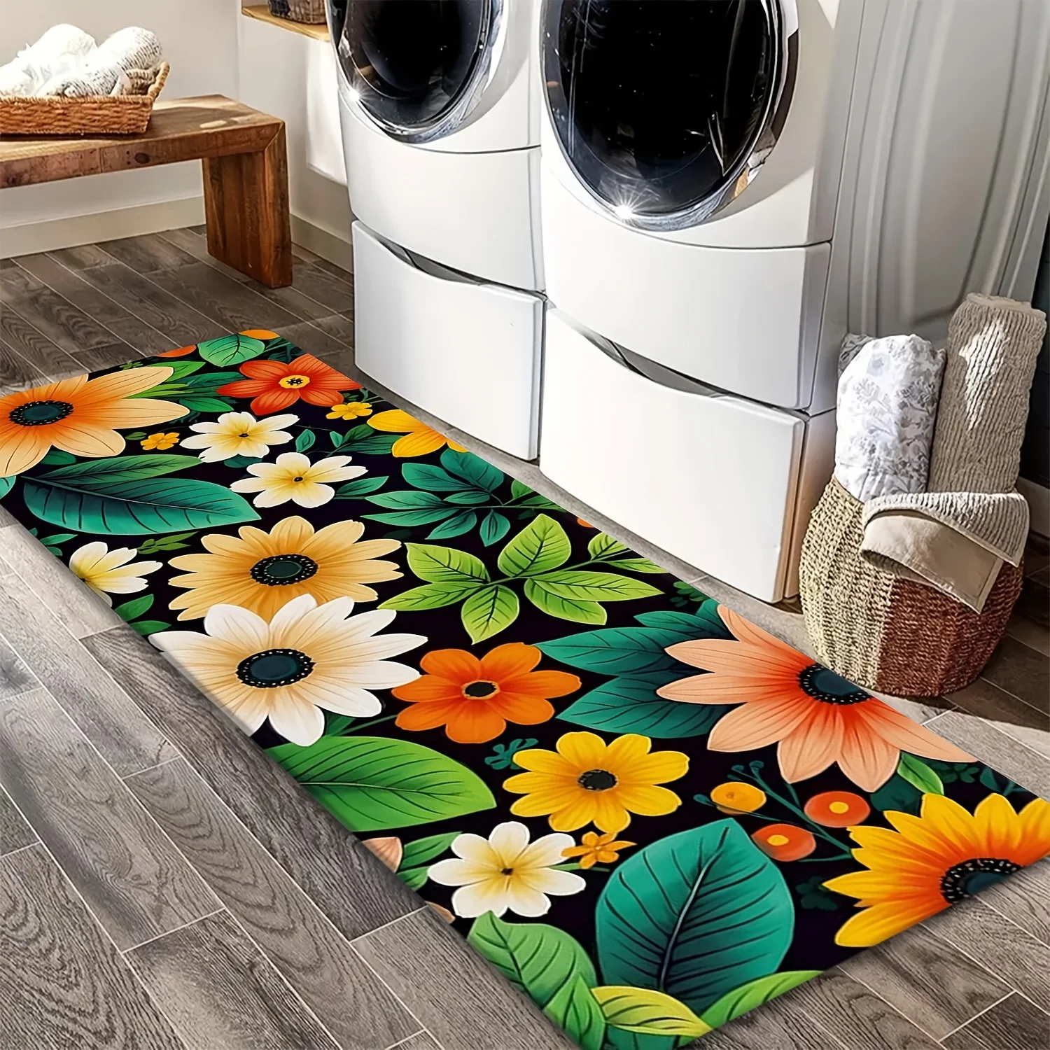 Aesthetic Floral Laundry Runner Mat Sunflower Daisy Rug Modern Botanical Flower Green Leaves Kitchen Hallway Floor Carpet Decor