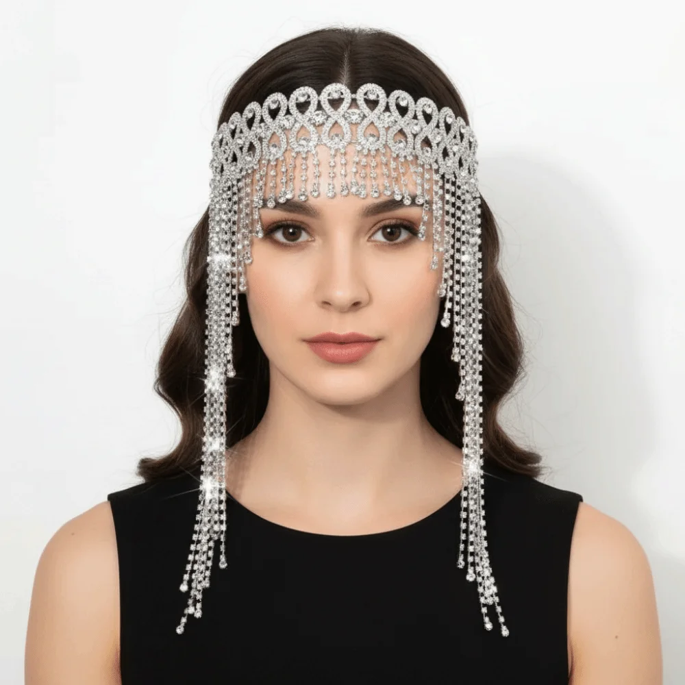 

Long Tassel Rhinestone Headdress Shiny Luxury Headpiece Cap Adjustable Silver/Gold Sparkling Tiara Headdress Party Props