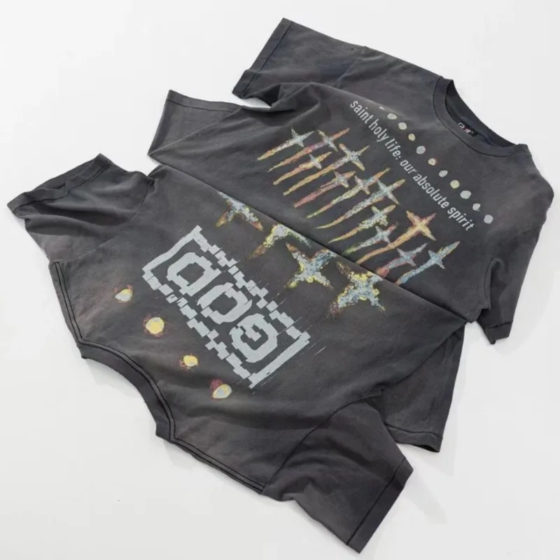 Rock Hip Hop Streetwear Saint T-shirts Cotton Washed Hole Flame Letter Print Round Neck Short Sleeve Vintage Men Women Top Tees