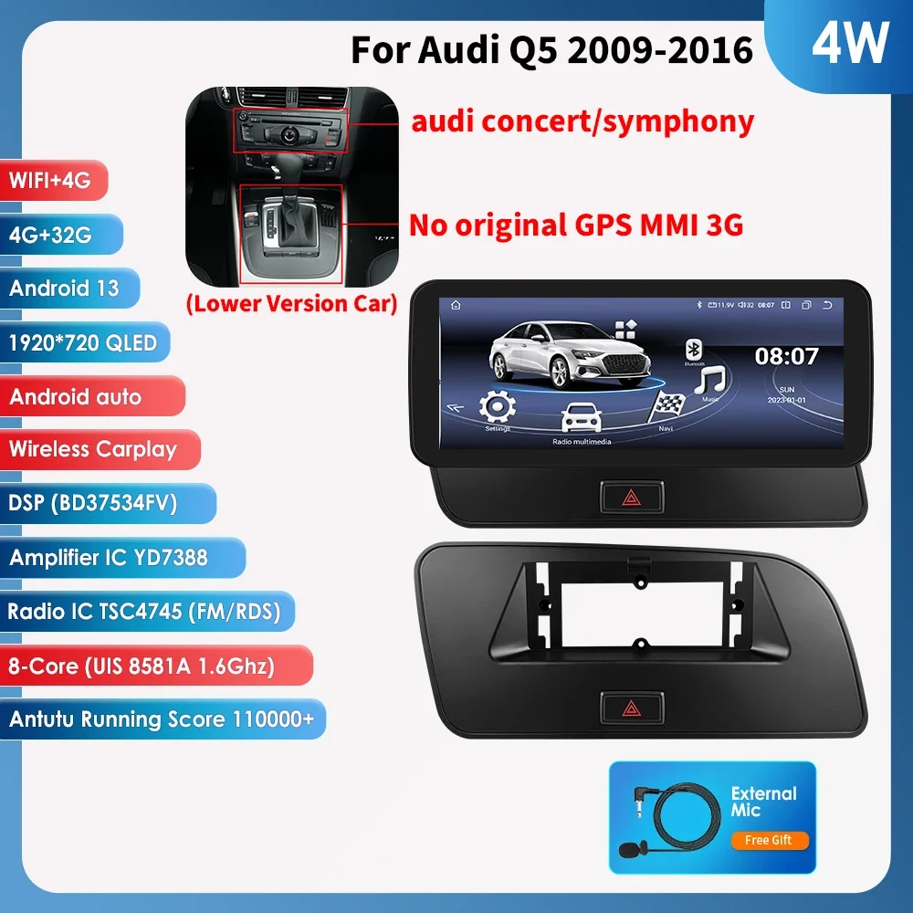 10.25 "2din Carplay Android 13 Auto Autoradio Voor Audi Q5 2009-2016 Multimedia speler GPS navi Stereo autoradio 1920*720 scherm