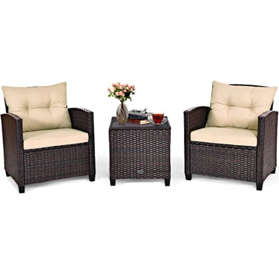 3PCS Wicker Patio Furniture Set for Balcony and Porch Brown Rattan, Beige Washable Cushions, Tempered Glass Tabletop Coffee Tab
