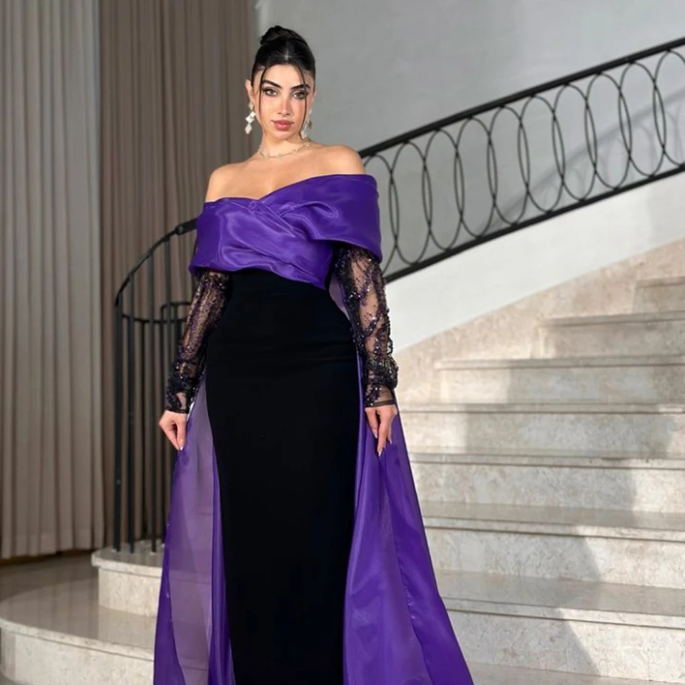 

Customized Sequined Off the Shoulder Black Criss-Cross Evening Dresses Backless Sweep Train Lace Sleeves Formal Gowns Elegant