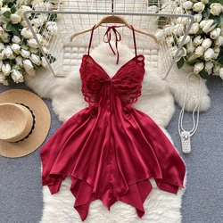 Vintage Sleeveless Elegant Halter Chic Butterfly Lace Spliced Satin Slim Backless Dresses Korean Sexy Party High Street Clothing