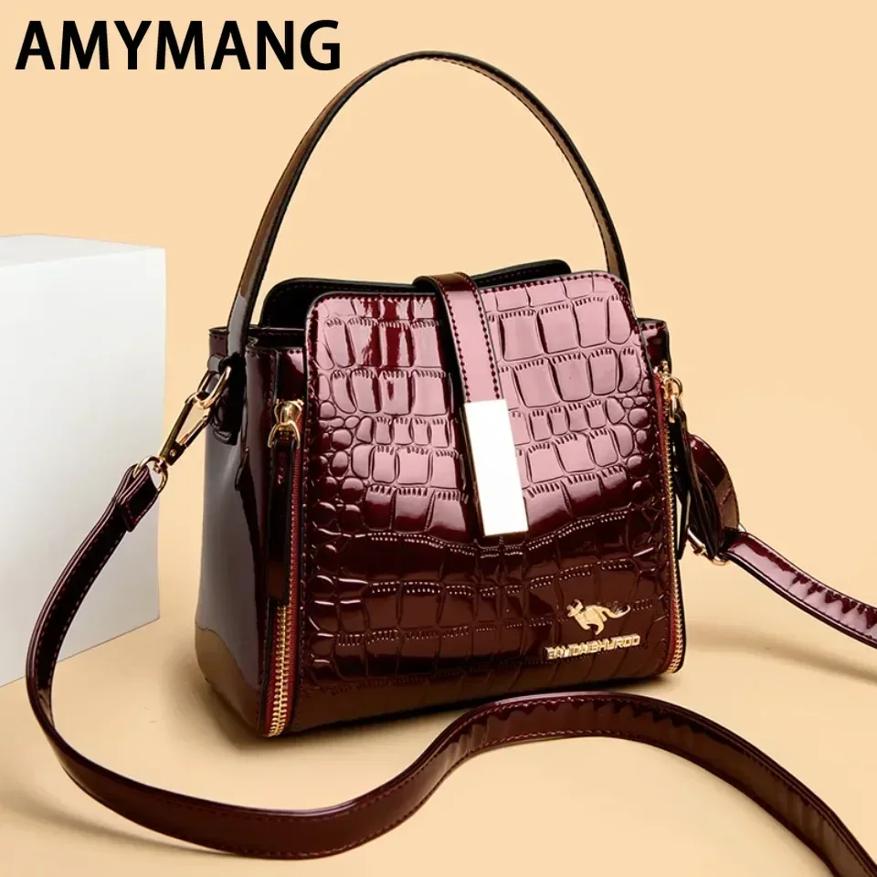 Damska torebka ze skóry lakierowanej wysokiej jakości tylna kieszeń z kieszenią skórzana torba typu Bucket damska torba na ramię luksusowa marka torba Crossbody