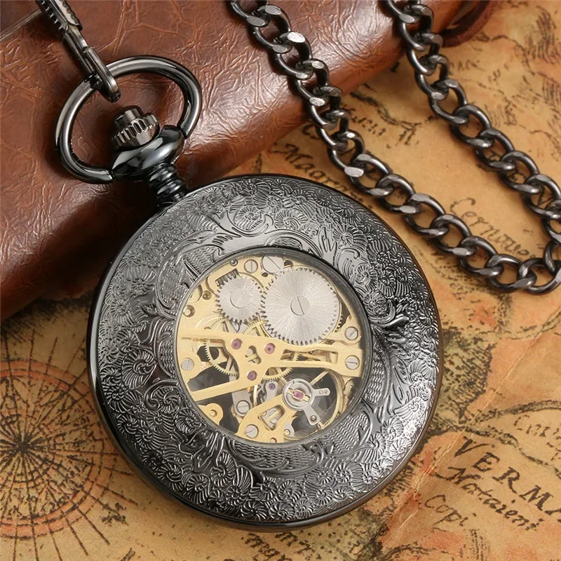 Steampunk Hollow Out Case Mens Black Mechanical Pocket Watch Handwinding Skeleton Clock with Roman Number Dial Pendant Chain