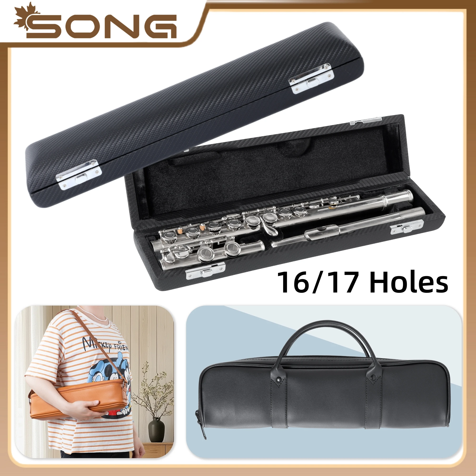 

16/17 Holes Flute Case Flutes Box Black Leather Wooden Flute Shoulder soft Bag Leather Case Carrying Bag Instrument Accessories