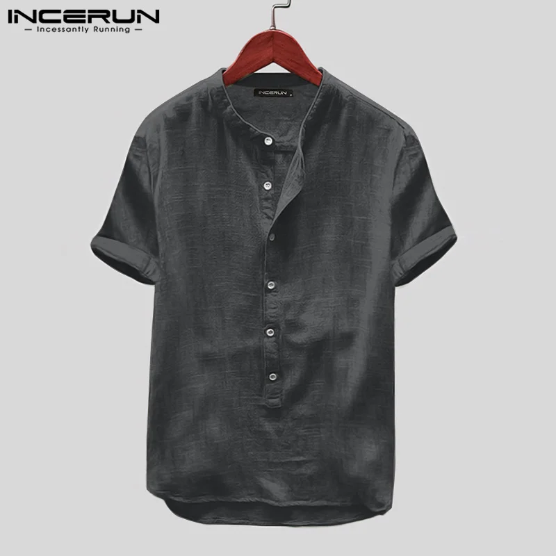 INCERUN Tops 2024 Chinese Style Men\'s Cotton Linen Solid Shirts Casual Street Solid Simple Short Sleeved Collarless Blouse S-5XL