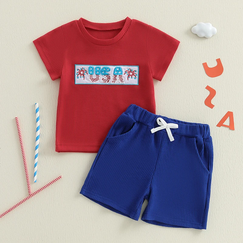 

Патриотическая одежда для маленьких мальчиков, вафельная футболка с короткими рукавами и эластичные шорты с вышивкой, комплект одежды из двух предметов