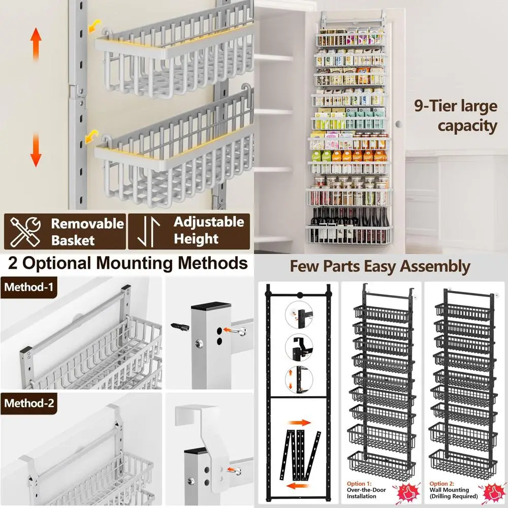 

9-ярусный органайзер для кладовой над дверью, 2-в-1: настенная или подвесная полка для специй с регулируемыми корзинами, органайзер для приправ и специй