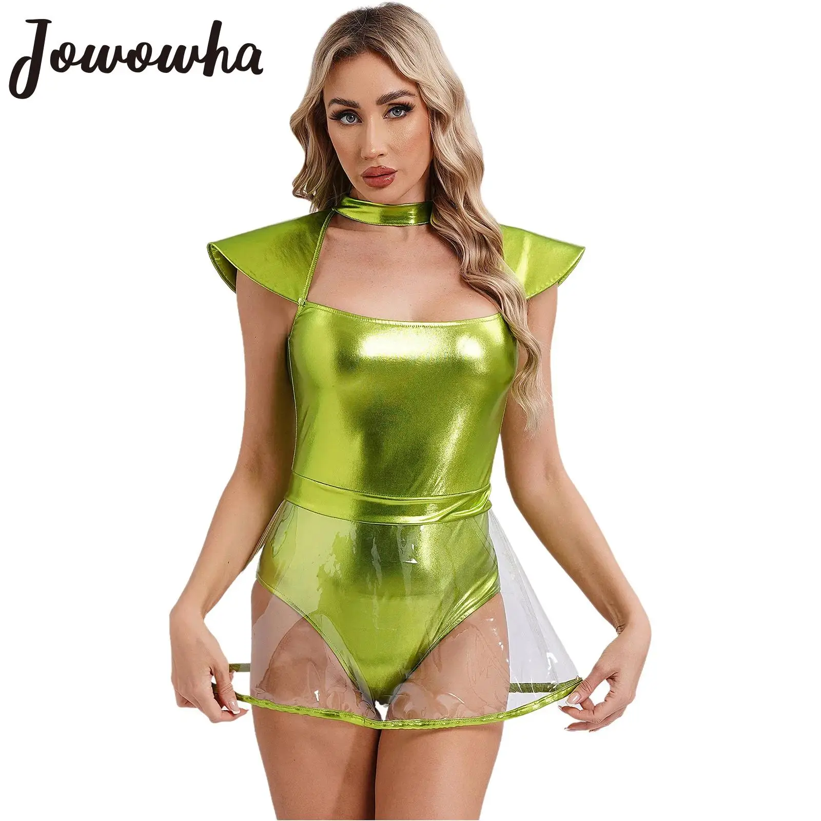 Womens Sexy Space Alien Cosplay Costume Fly Sleeve Cutout Bodysuit with PVC Skirt for Halloween Carnival Theme Party Nightclub