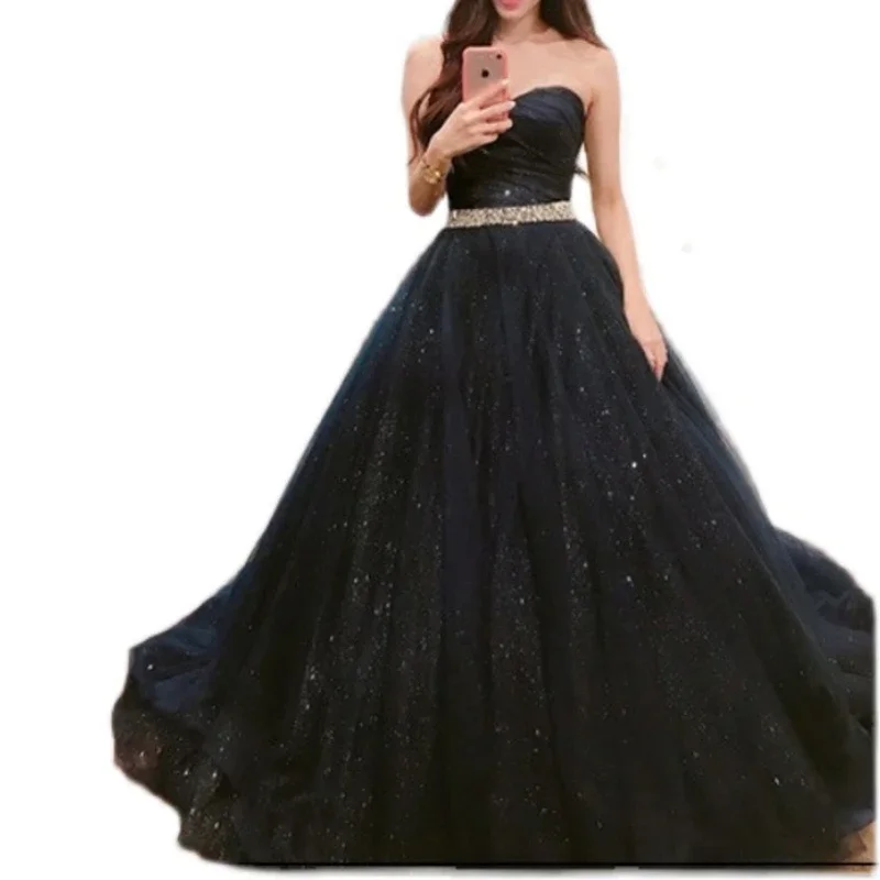 Customized Elegant Temperament Strapless Evening Dress Exquisite High Waist A-line Heavy Diamond Belt Ball Gown Sequin Court Tr