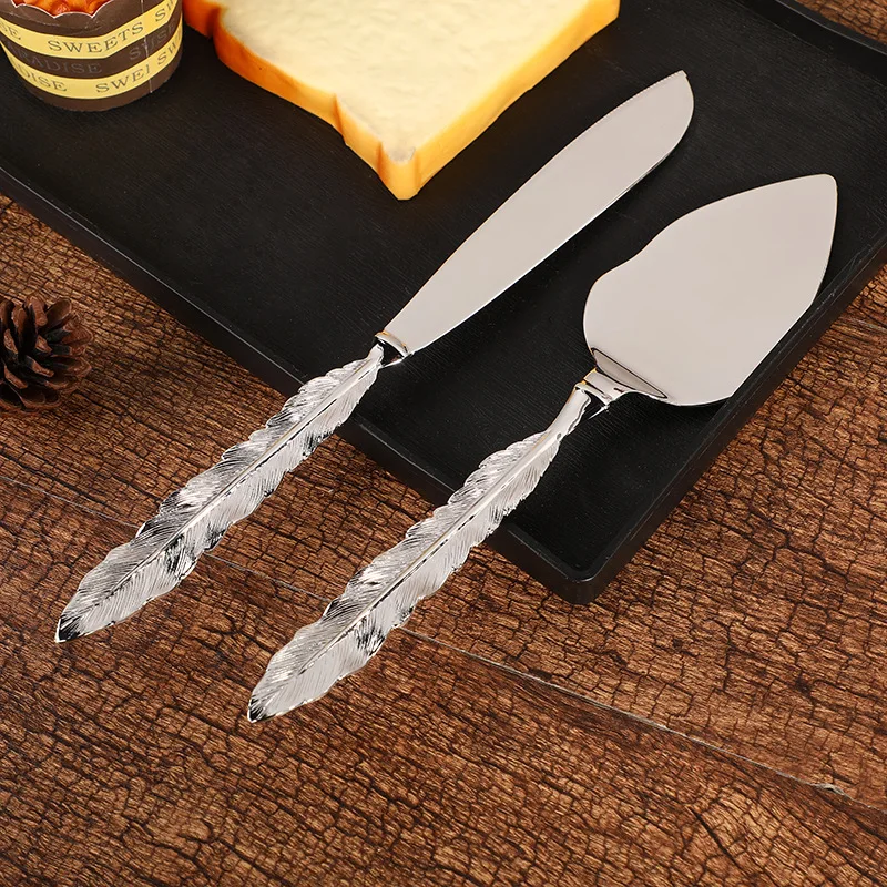 

2pcs Silver Cake Shovel Knife Feather Shape Handle Cake Cutter Wedding Cake Knife Server Set Party Cooking Baking Cake Divide