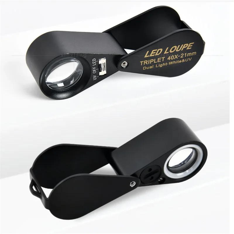 Metal Jewelry Magnifying Glass Jewelers Eye Tool 10X 20X 30X 40X High-Definition Identification with Led Uv Lamp High Loupe