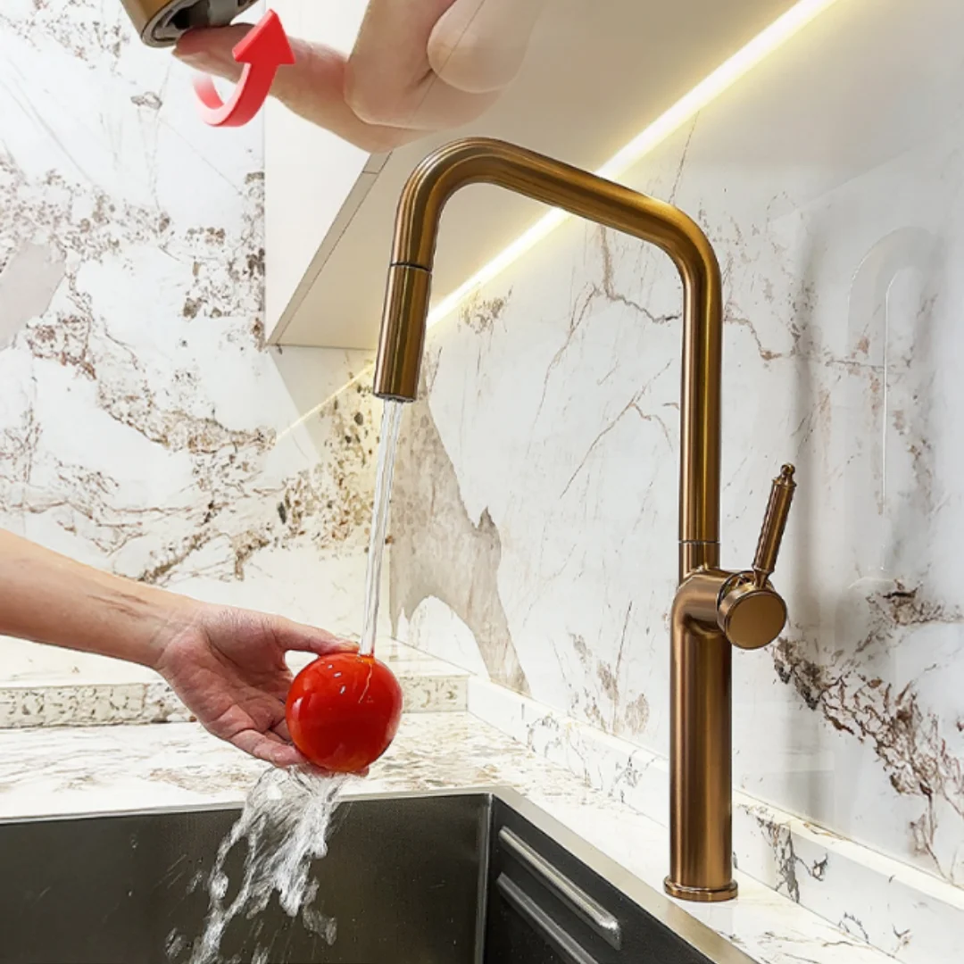 Brushed Gold Pull Out Kitchen Faucet SUS304  Grey Kitchen Mixer Tap Rotation Sink Faucet Mixer Brushed Rose Gold Kitchen Faucet