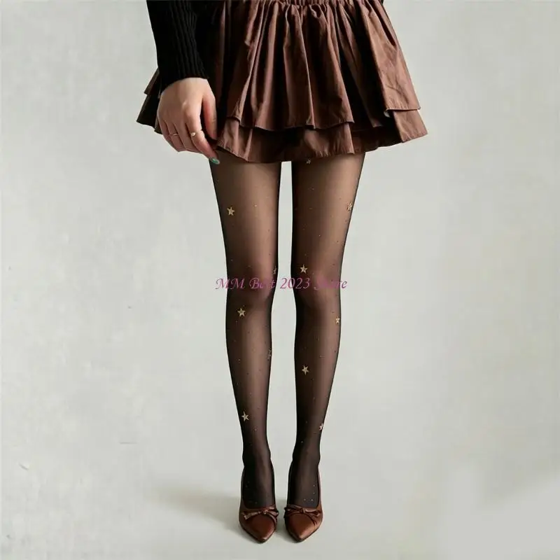 49ME Women's Stretchy Sheer Pantyhose Star Embellishments Nylon Tights For Night Out