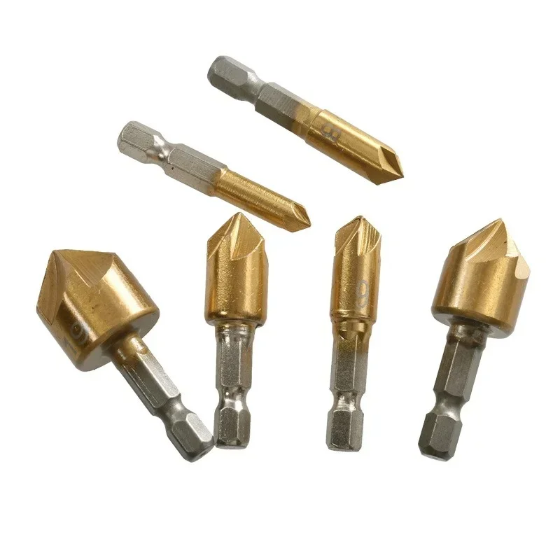 6pcs HSS Chamfer Drill Bit Hex Shank Titanium Plated Five-blades Woodworking Reaming Countersink Drill Set 6 8 9 12 16 19mm