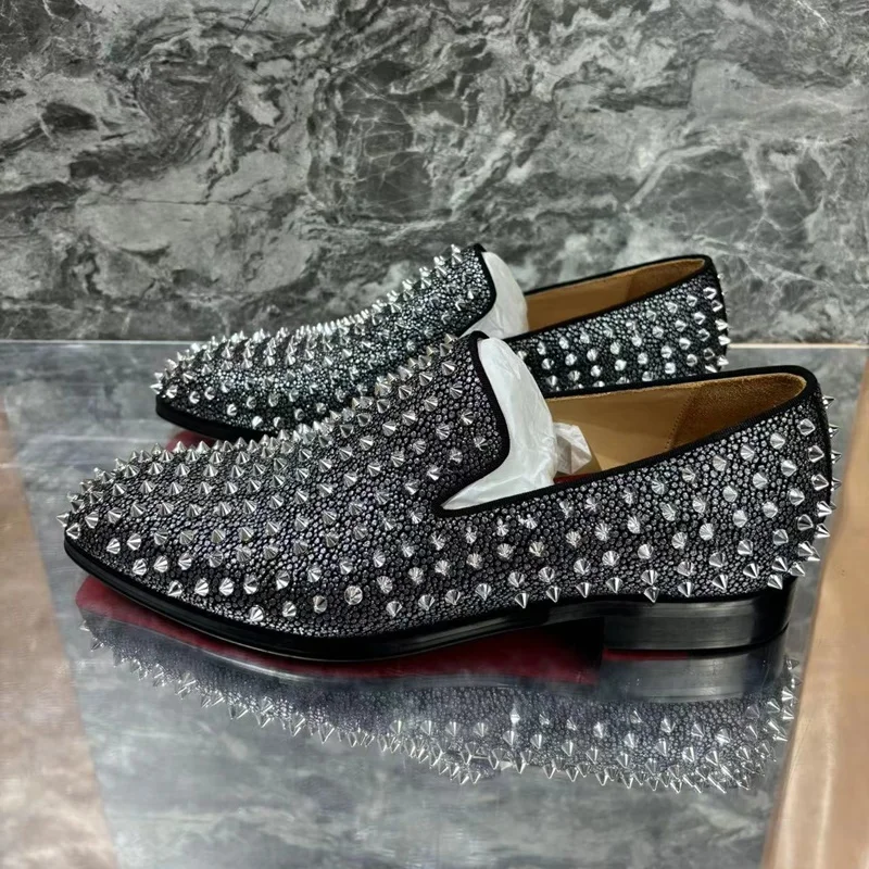 Men's Fashion Bling Full Rivets Shoes Sequin Glitter Loafers Spikes Dress Shoes Shiny Party Casual Shoes