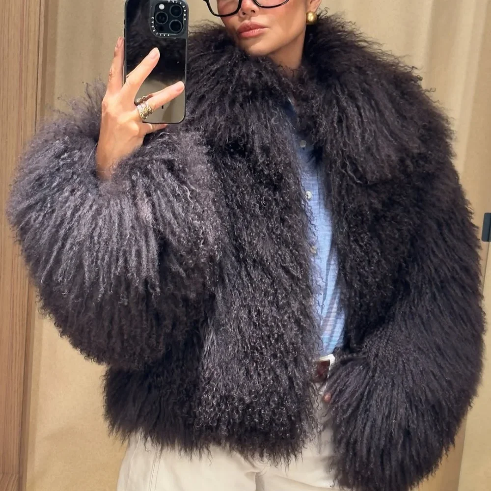 MENINA سترة فرو الأغنام المنغولية للنساء لخريف وشتاء 2025 ملابس علوية موضة سميكة ودافئة معطف فرو حقيقي بأكمام طويلة للسيدات